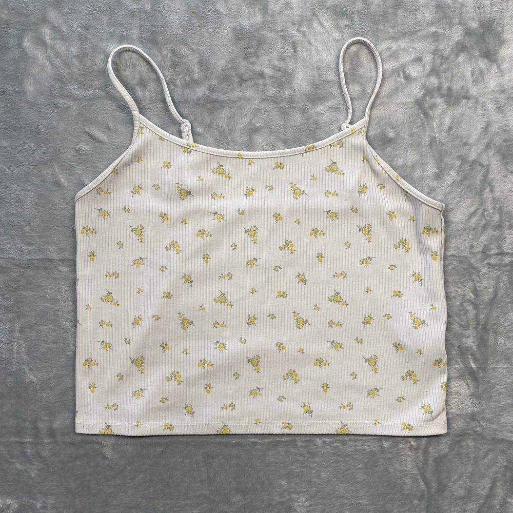 American Eagle Outfitters Floral Ribbed Crop Tank Top Women Size L Summer Yellow